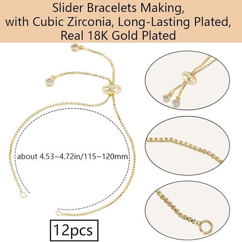 SUNNYCLUE 1 Box 12Pcs Real 18K Gold Plated Brass Chain Bracelet Adjustable Slider Bracelets Metal Bead Extender Box Chains with Cubic Zirconia Charm End for Jewelry Making DIY Craft Women Supplies in Saudi Arabia
