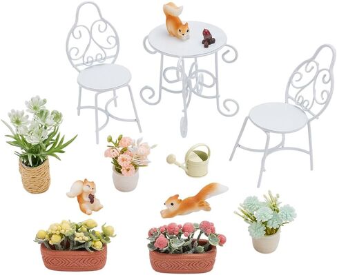 FREEBLOSS 13Pcs Dollhouse Furniture Set Miniature Patio Set with Mini Table Chairs Garden Plants Mini Squirrels Decor Doll House Furniture and Accessories Set in Saudi Arabia