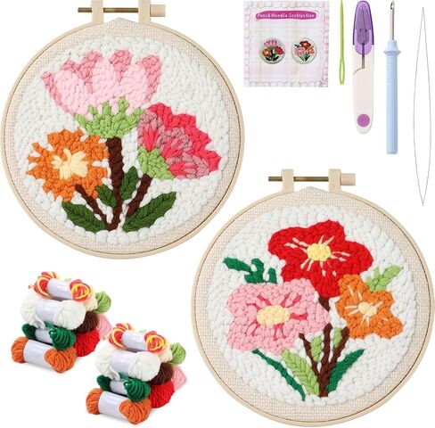 ojustbeok 1 Set Punch Needle Embroidery Starter Kits Includes Punching Needling Fabric with Pattern, Yarns, Embroidery Hoops, Sewing Needles, Instruction for Adults Beginner DIY Handmade Crafts Gifts in Saudi Arabia