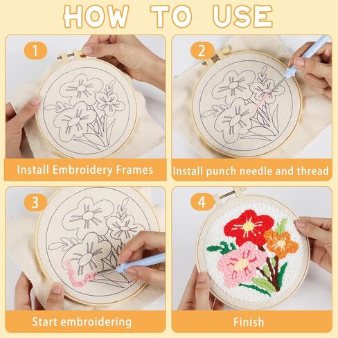 ojustbeok 1 Set Punch Needle Embroidery Starter Kits Includes Punching Needling Fabric with Pattern, Yarns, Embroidery Hoops, Sewing Needles, Instruction for Adults Beginner DIY Handmade Crafts Gifts in Saudi Arabia