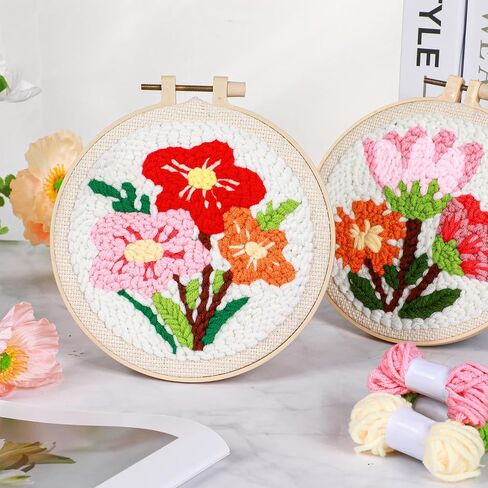 ojustbeok 1 Set Punch Needle Embroidery Starter Kits Includes Punching Needling Fabric with Pattern, Yarns, Embroidery Hoops, Sewing Needles, Instruction for Adults Beginner DIY Handmade Crafts Gifts in Saudi Arabia