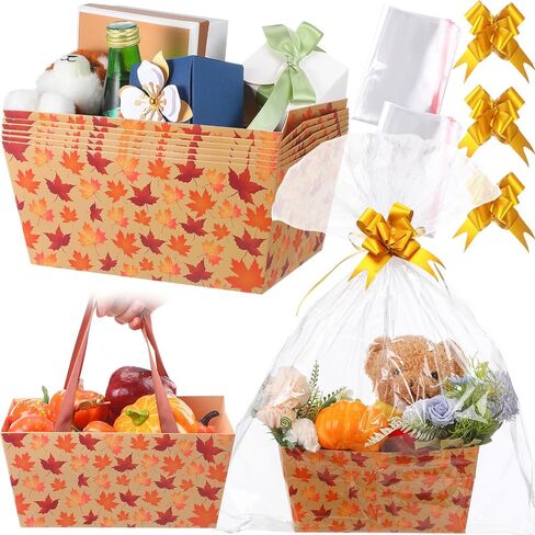 6 Pack Fall Basket for Gifts Empty with Cellophane Bags Pull Bows Fall Maple Leaf Paper Basket Orange Autumn Gift Box for Autumn Thanksgiving Party Favors, 9.8 x 6.5 Inch in Saudi Arabia