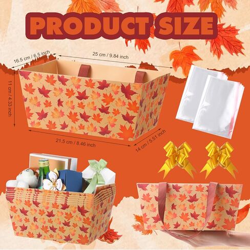 6 Pack Fall Basket for Gifts Empty with Cellophane Bags Pull Bows Fall Maple Leaf Paper Basket Orange Autumn Gift Box for Autumn Thanksgiving Party Favors, 9.8 x 6.5 Inch in Saudi Arabia