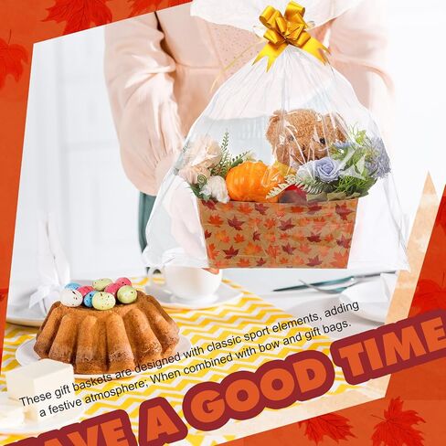 6 Pack Fall Basket for Gifts Empty with Cellophane Bags Pull Bows Fall Maple Leaf Paper Basket Orange Autumn Gift Box for Autumn Thanksgiving Party Favors, 9.8 x 6.5 Inch in Saudi Arabia