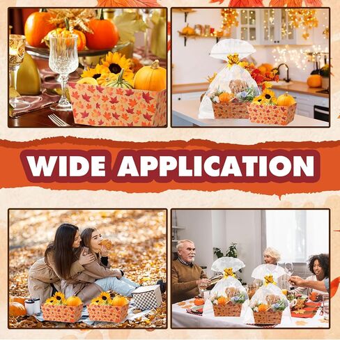 6 Pack Fall Basket for Gifts Empty with Cellophane Bags Pull Bows Fall Maple Leaf Paper Basket Orange Autumn Gift Box for Autumn Thanksgiving Party Favors, 9.8 x 6.5 Inch in Saudi Arabia