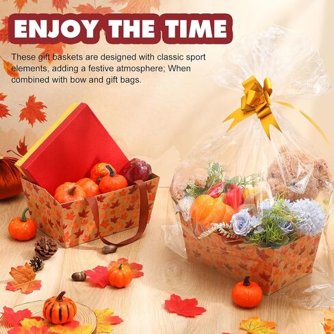 6 Pack Fall Basket for Gifts Empty with Cellophane Bags Pull Bows Fall Maple Leaf Paper Basket Orange Autumn Gift Box for Autumn Thanksgiving Party Favors, 9.8 x 6.5 Inch in Saudi Arabia