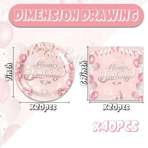 40pcs Pink Rose Gold Party Tableware set,Pink Happy Birthday Plates and Napkins Halloween Birthday Party Decorations Paper Tableware Disposable Themed Party Decor Favors for Kids in Kuwait