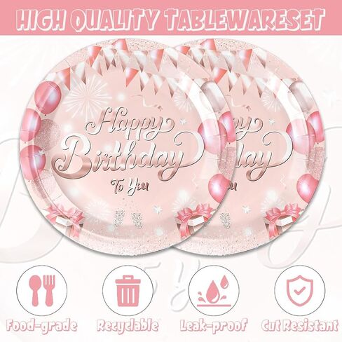 40pcs Pink Rose Gold Party Tableware set,Pink Happy Birthday Plates and Napkins Halloween Birthday Party Decorations Paper Tableware Disposable Themed Party Decor Favors for Kids in Kuwait