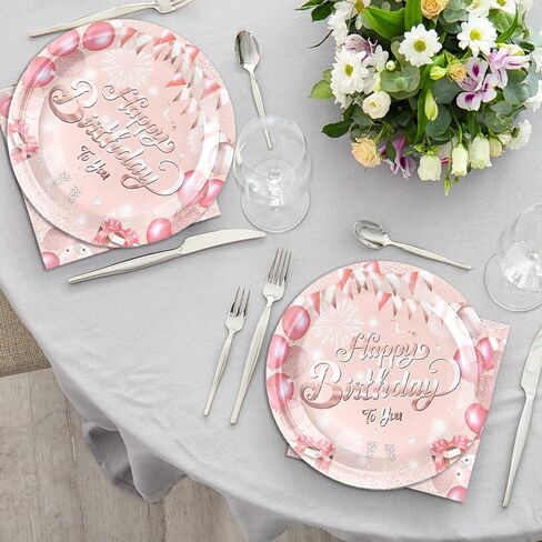 40pcs Pink Rose Gold Party Tableware set,Pink Happy Birthday Plates and Napkins Halloween Birthday Party Decorations Paper Tableware Disposable Themed Party Decor Favors for Kids in Kuwait