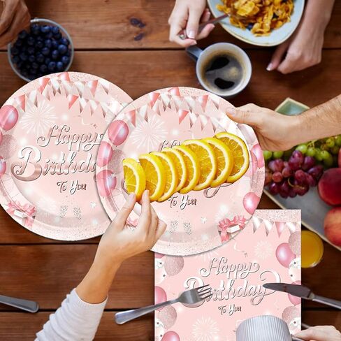 40pcs Pink Rose Gold Party Tableware set,Pink Happy Birthday Plates and Napkins Halloween Birthday Party Decorations Paper Tableware Disposable Themed Party Decor Favors for Kids in Kuwait