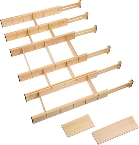 6 Pack Bamboo Drigher Dividers مع 12 إدراج قابلة للتوسيع قابلة للتعديل 17 "إلى 22" منظمي منظمي الدرج للمطبخ ، غرفة النوم ، المنزل ، الملابس ، الخزانة ، المكتب in Saudi Arabia