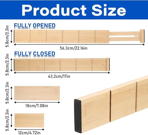 6 Pack Bamboo Drigher Dividers مع 12 إدراج قابلة للتوسيع قابلة للتعديل 17 "إلى 22" منظمي منظمي الدرج للمطبخ ، غرفة النوم ، المنزل ، الملابس ، الخزانة ، المكتب in Saudi Arabia