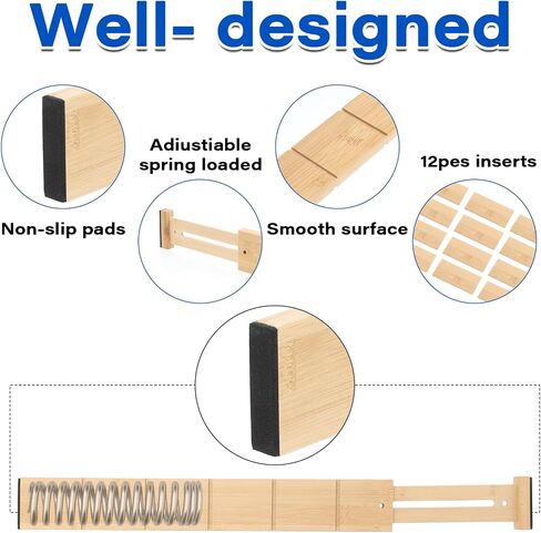 6 Pack Bamboo Drigher Dividers مع 12 إدراج قابلة للتوسيع قابلة للتعديل 17 "إلى 22" منظمي منظمي الدرج للمطبخ ، غرفة النوم ، المنزل ، الملابس ، الخزانة ، المكتب in Saudi Arabia
