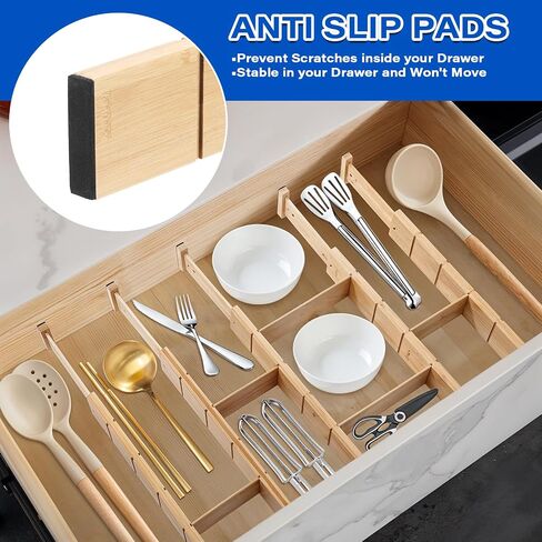 6 Pack Bamboo Drigher Dividers مع 12 إدراج قابلة للتوسيع قابلة للتعديل 17 "إلى 22" منظمي منظمي الدرج للمطبخ ، غرفة النوم ، المنزل ، الملابس ، الخزانة ، المكتب in Saudi Arabia