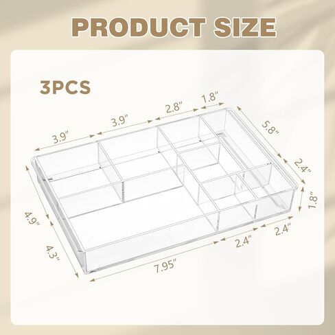 3 Pack Stackable Clear Drawer Organizer Trays 13.7" x 8.7" x 2" Plastic Acrylic Drawer Divider for Desk with 8 Compartments for Pens Paper Clips Sticky Notes Office Bathroom Arrangement in Saudi Arabia