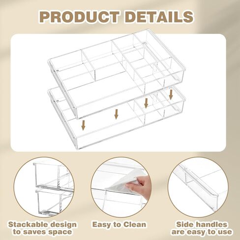 3 Pack Stackable Clear Drawer Organizer Trays 13.7" x 8.7" x 2" Plastic Acrylic Drawer Divider for Desk with 8 Compartments for Pens Paper Clips Sticky Notes Office Bathroom Arrangement in Saudi Arabia