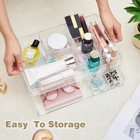 3 Pack Stackable Clear Drawer Organizer Trays 13.7" x 8.7" x 2" Plastic Acrylic Drawer Divider for Desk with 8 Compartments for Pens Paper Clips Sticky Notes Office Bathroom Arrangement in Saudi Arabia