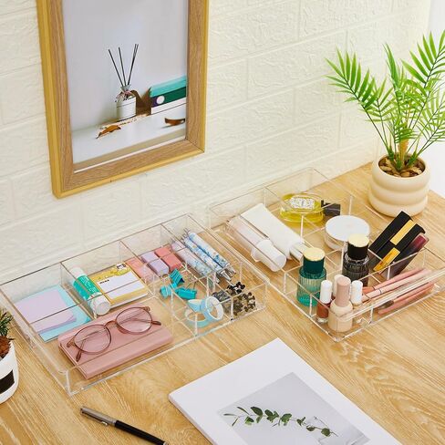 3 Pack Stackable Clear Drawer Organizer Trays 13.7" x 8.7" x 2" Plastic Acrylic Drawer Divider for Desk with 8 Compartments for Pens Paper Clips Sticky Notes Office Bathroom Arrangement in Saudi Arabia