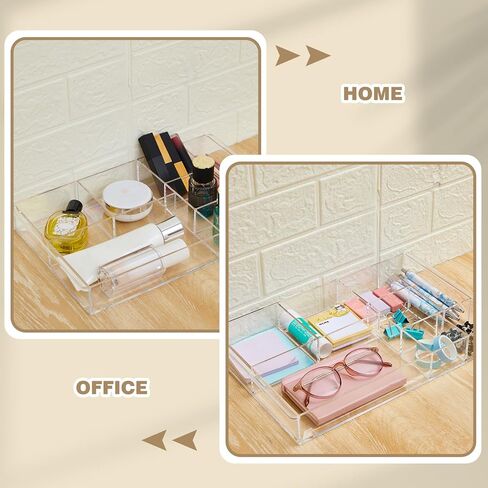 3 Pack Stackable Clear Drawer Organizer Trays 13.7" x 8.7" x 2" Plastic Acrylic Drawer Divider for Desk with 8 Compartments for Pens Paper Clips Sticky Notes Office Bathroom Arrangement in Saudi Arabia