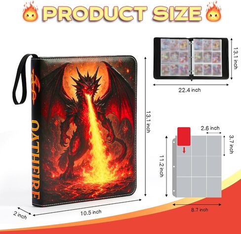 Trading Card Binder 9-Pocket 900 Cards, Premium PU Leather Zippered Album for TCG, MTG, Sports Cards — Fire Dragon Design, Oathfire Collector Edition in Saudi Arabia