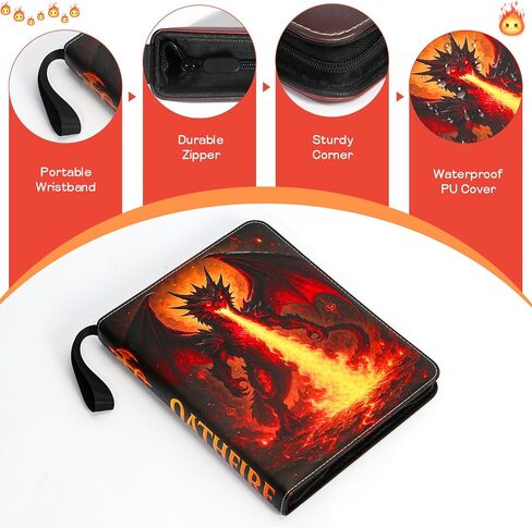 Trading Card Binder 9-Pocket 900 Cards, Premium PU Leather Zippered Album for TCG, MTG, Sports Cards — Fire Dragon Design, Oathfire Collector Edition in Saudi Arabia
