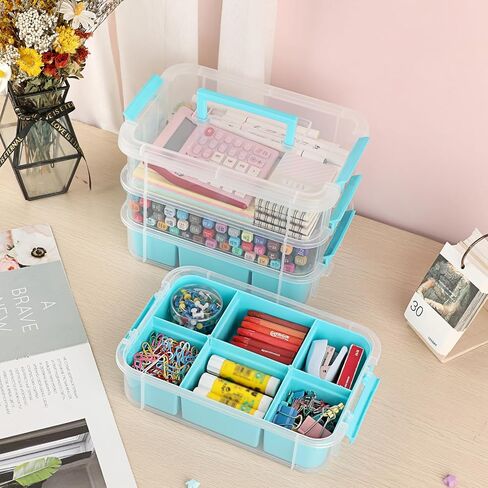 BTSKY 4-Layer Plastic Craft Storage Container with 2 Removable Tray, Stackable Art & Craft Supply Storage Organizer Multipurpose Portable Sewing Box for Bead Tool Office Supplies-10.2"x7.1"x9.9",Blue in Saudi Arabia