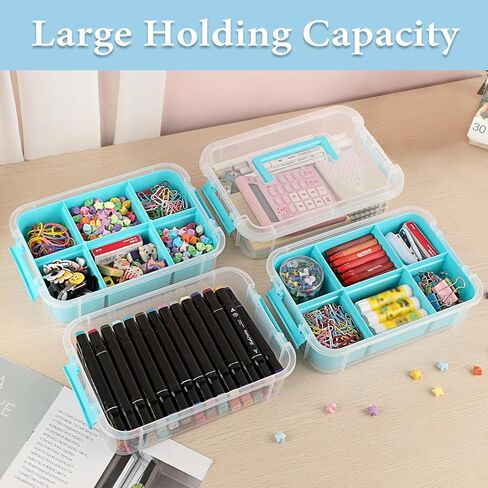 BTSKY 4-Layer Plastic Craft Storage Container with 2 Removable Tray, Stackable Art & Craft Supply Storage Organizer Multipurpose Portable Sewing Box for Bead Tool Office Supplies-10.2"x7.1"x9.9",Blue in Saudi Arabia