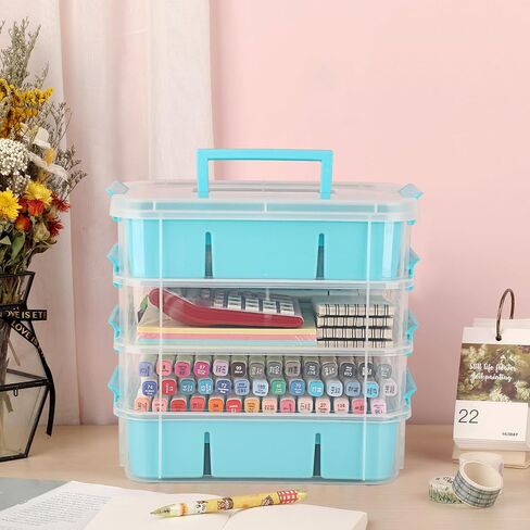 BTSKY 4-Layer Plastic Craft Storage Container with 2 Removable Tray, Stackable Art & Craft Supply Storage Organizer Multipurpose Portable Sewing Box for Bead Tool Office Supplies-10.2"x7.1"x9.9",Blue in Saudi Arabia