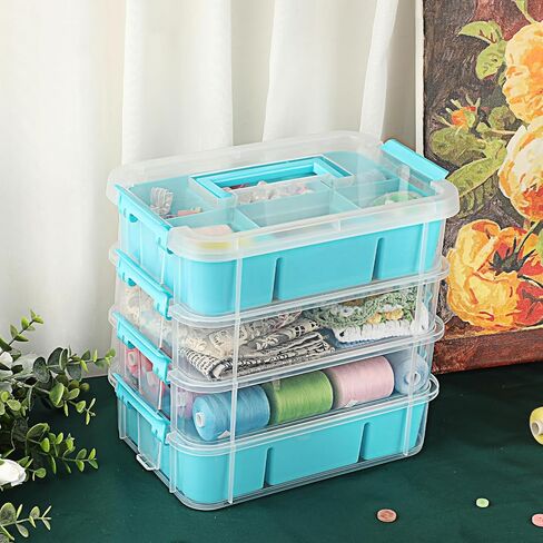 BTSKY 4-Layer Plastic Craft Storage Container with 2 Removable Tray, Stackable Art & Craft Supply Storage Organizer Multipurpose Portable Sewing Box for Bead Tool Office Supplies-10.2"x7.1"x9.9",Blue in Saudi Arabia