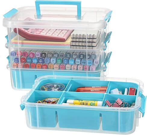 BTSKY 4-Layer Plastic Craft Storage Container with 2 Removable Tray, Stackable Art & Craft Supply Storage Organizer Multipurpose Portable Sewing Box for Bead Tool Office Supplies-10.2"x7.1"x9.9",Blue in Saudi Arabia