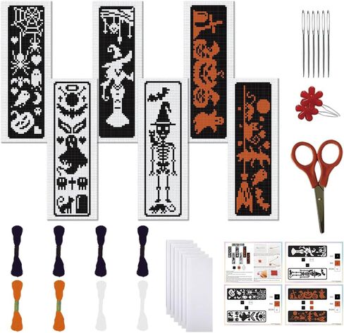 FREEBLOSS 6 Set Halloween Cross Stitch Bookmark Stamped Cross Stitch Kit with Magic Dream Patterns Skeleton Witch Cat Embroidery Kit with Instruction DIY Bookmark Kit for Gift Adults 8.67''x3'' in Saudi Arabia