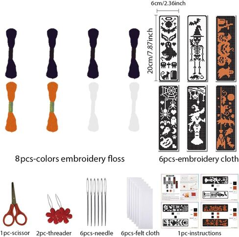 FREEBLOSS 6 Set Halloween Cross Stitch Bookmark Stamped Cross Stitch Kit with Magic Dream Patterns Skeleton Witch Cat Embroidery Kit with Instruction DIY Bookmark Kit for Gift Adults 8.67''x3'' in Saudi Arabia