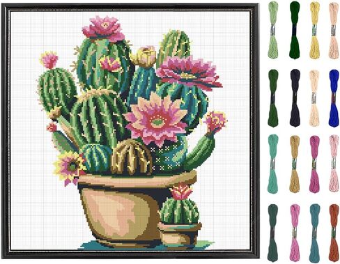 FREEBLOSS Cross Stitch Kit Cactus Stamped Cross Stitch Wall Hanging for Adults with Instructions Pure Cotton Cloth for Beginnrs 17.7''*17.7'' No Frame in Saudi Arabia