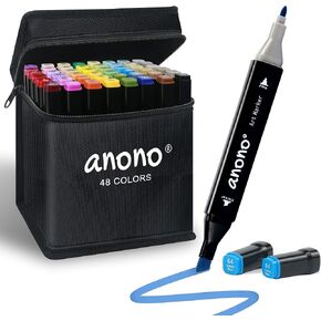 anono 60 Colors Alcohol Markers Set, Coloring Markers with Chisel and Fine Tips, Includes Carrying Case, Suitable for Book Painting and Coloring, Black Barrel in Saudi Arabia