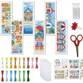 FREEBLOSS 6 PCS Cross Stitch Bookmark Kits for Beginner Summer Beach Scenery Stamped Cross Stitch Kit DIY Embroidery Bookmark Kit with Instructions 8'' x 2.4'' in Saudi Arabia