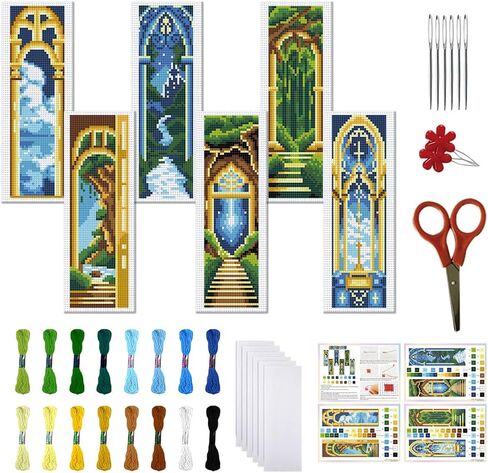 FREEBLOSS 6 Set Cross Stitch Bookmark Kits for Beginner Castle Night View Stamped Cross Stitch Kit DIY Embroidery Bookmark Kit with Instructions 8" x 2.4" in Saudi Arabia