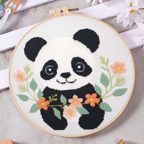 DIY Cross Stitch Kits Cartoon Panda Easy for Beginners with Hoop 11CT Needlepoint Embroidery Counted Stamped Cross Stitch Set Craft Wall Decor 20x20cm(6) in Saudi Arabia