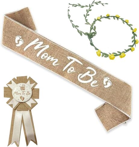 3PCS Mom to Be Sash Mom to Be Pin, Neutral Burlap Maternity Sash Corsage Pin and Flower Crown Headband, Boho Style Mommy to Be Sash for Baby Shower Sash Pin Set for Pregnant Keepsake Gifts in Saudi Arabia