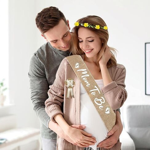 3PCS Mom to Be Sash Mom to Be Pin, Neutral Burlap Maternity Sash Corsage Pin and Flower Crown Headband, Boho Style Mommy to Be Sash for Baby Shower Sash Pin Set for Pregnant Keepsake Gifts in Saudi Arabia