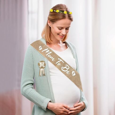 3PCS Mom to Be Sash Mom to Be Pin, Neutral Burlap Maternity Sash Corsage Pin and Flower Crown Headband, Boho Style Mommy to Be Sash for Baby Shower Sash Pin Set for Pregnant Keepsake Gifts in Saudi Arabia