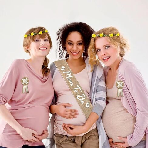 3PCS Mom to Be Sash Mom to Be Pin, Neutral Burlap Maternity Sash Corsage Pin and Flower Crown Headband, Boho Style Mommy to Be Sash for Baby Shower Sash Pin Set for Pregnant Keepsake Gifts in Saudi Arabia