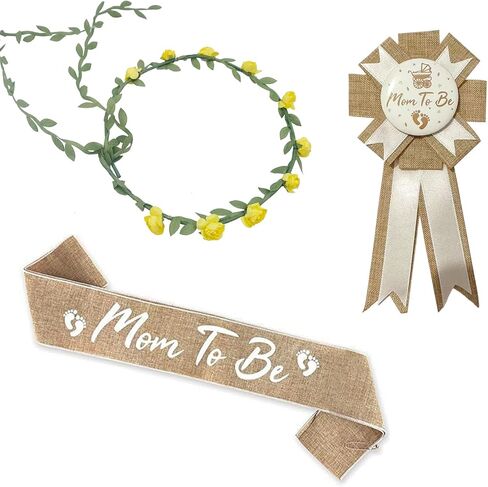 3PCS Mom to Be Sash Mom to Be Pin, Neutral Burlap Maternity Sash Corsage Pin and Flower Crown Headband, Boho Style Mommy to Be Sash for Baby Shower Sash Pin Set for Pregnant Keepsake Gifts in Saudi Arabia
