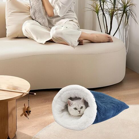 Cat Sleeping Bag - Soft Plush Large Self-Warming Bed for Winter, Cosy Cave 360 Wrap Comfortable Pet Snuggle Sack for Cats up to 6kg, Dark Blue in Saudi Arabia