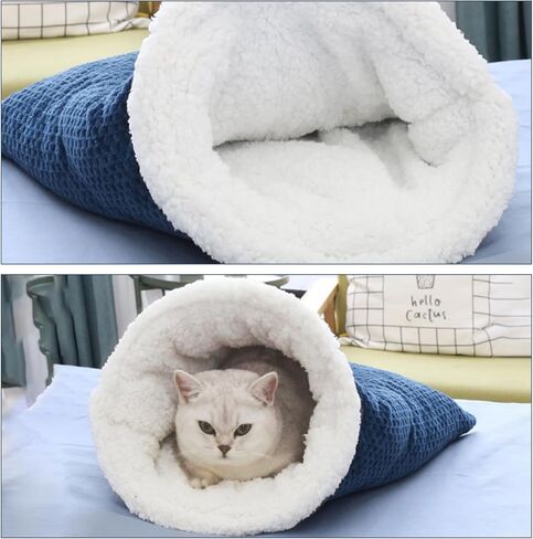 Cat Sleeping Bag - Soft Plush Large Self-Warming Bed for Winter, Cosy Cave 360 Wrap Comfortable Pet Snuggle Sack for Cats up to 6kg, Dark Blue in Saudi Arabia