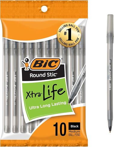 BIC Round Stic Xtra Life Blue Ballpoint Pens, Medium Point (1.0mm), 10-Count Pack of Bulk Pens, Flexible Round Barrel for Writing Comfort, No. 1 Selling Ballpoint Pens in Kuwait