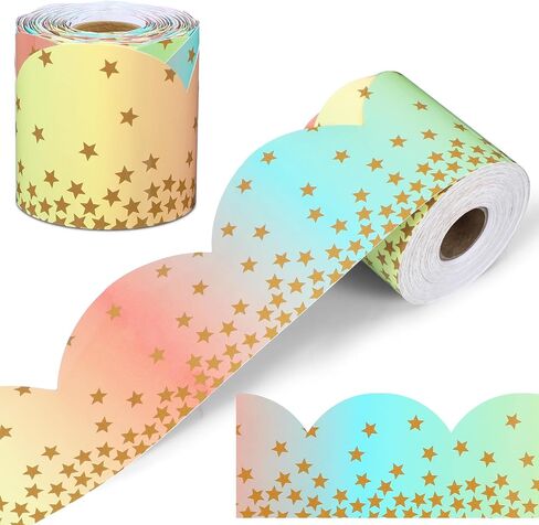 Zonon 65.6ft Pastel Rainbow Gradient Bulletin Board Borders with Golden Star Yellow Pink Light Blue Light Green Gradient Color Scalloped Trim Classroom Decor for School Offices Wall Chalkboard in Saudi Arabia