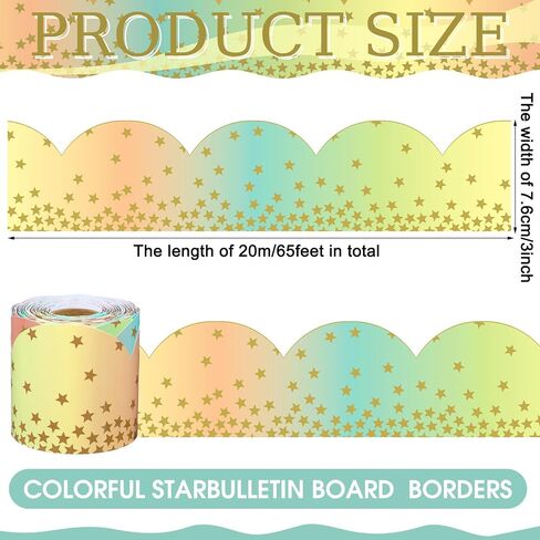 Zonon 65.6ft Pastel Rainbow Gradient Bulletin Board Borders with Golden Star Yellow Pink Light Blue Light Green Gradient Color Scalloped Trim Classroom Decor for School Offices Wall Chalkboard in Saudi Arabia