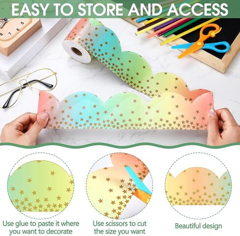 Zonon 65.6ft Pastel Rainbow Gradient Bulletin Board Borders with Golden Star Yellow Pink Light Blue Light Green Gradient Color Scalloped Trim Classroom Decor for School Offices Wall Chalkboard in Saudi Arabia