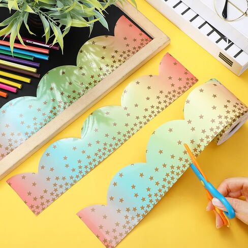 Zonon 65.6ft Pastel Rainbow Gradient Bulletin Board Borders with Golden Star Yellow Pink Light Blue Light Green Gradient Color Scalloped Trim Classroom Decor for School Offices Wall Chalkboard in Saudi Arabia
