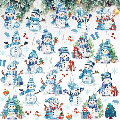 Skylety 20 Pcs Christmas Diamond Art Ornaments Kit Cute Snowman Diamond Painting Ornaments Tag DIY Xmas Rhinestone Art Keychain Crystal Handcraft Gift Wrap Tags with Rope Home Party Decor(Colorful) in Saudi Arabia